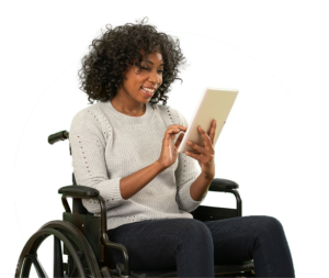 Woman in wheelchair with tablet smiling