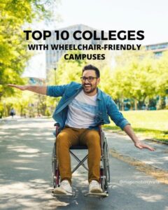 college student in a wheelchair on a college campus with buildings, grass, and trees in the background