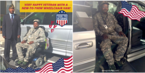 Veteran in Uniform sitting in Wheelchair next to wheelchair accessible van.