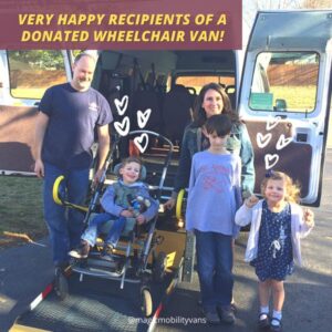 Very Happy Recipients of a Donated WheelChair van standing in front of the van with wheelchair user recipient.