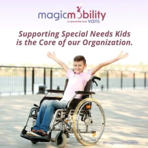 smiling disabled young boy sitting in wheelchair with hands high up in the air. magicmobility logo and text 'Supporting Special Needs Kids is the Core of our Organization'