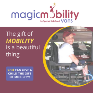 magicmoiblity logo and smiling child sitting in wheelchair accessible van.