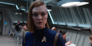 Keyla Detmer, in Star Trek Discovery sustained an injury to her eye during Klingon's attack. the disability was accommodated with an accessible device.