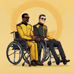 Lieutenant Commander Geordi La Forge, who is blind but uses a visor that allows him to "see," and Captain Christopher Pike in a wheelchair sitting together against a yellow background