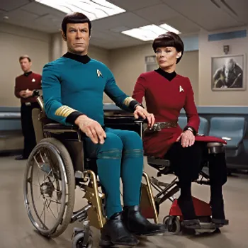 Two disabled star trek people are in wheelchairs One wears blue and the other red. A third star trek person is in the background.