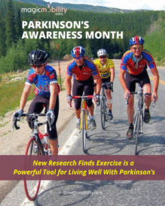 Cyclists ride on a road in a forest setting for Parkinson's Awareness Month. Text highlights exercise as beneficial for Parkinson's.