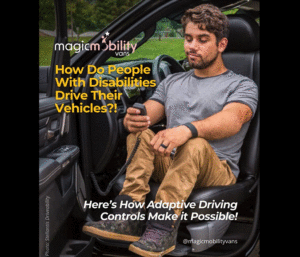 disabled individual using adaptive driving controls inside a car.