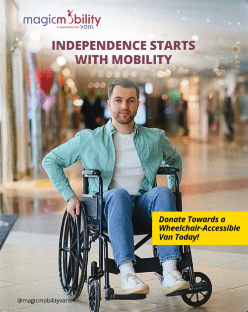 young man in wheelchair with blue shirt and jeans in a shopping mall. Text: Independence Starts With Mobility. Donate Towards a Wheelchair-Accessible Van.
