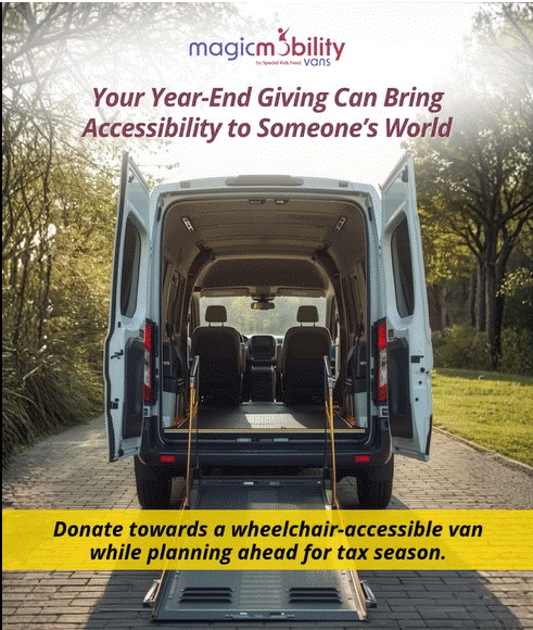 wheelchair van with open doors from the back on a brick road lined with trees. Text: Your Year-End Giving Can Bring Accessibility to Someone’s World. Donate towards a wheelchair-accessible vans while planning ahead for tax season.